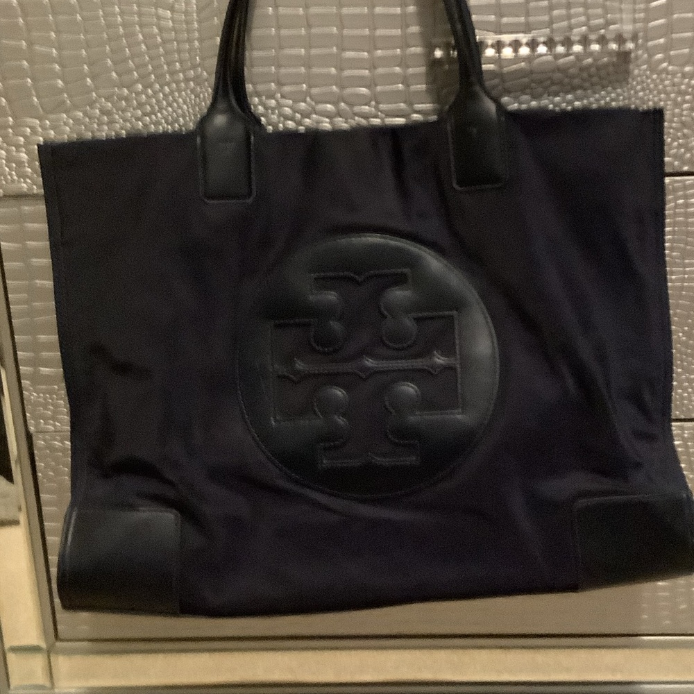 Tory Burch Navy Blue Embossed Logo Tote